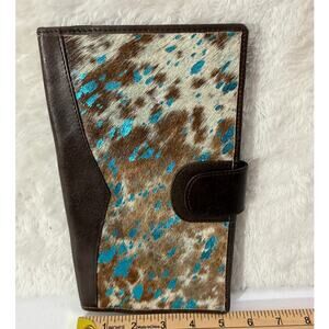 Cowhide Leather Checkbook/long wallet Turq/metallic hair on hide western boho